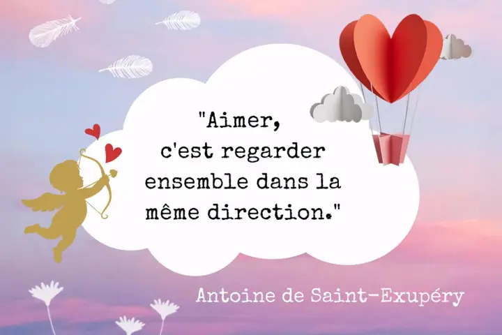 Un ange d'or tire une flèche, entouré de cœurs et de plumes. Une phrase qui touche un homme : "Aimer, c'est regarder ensemble dans la même direction.