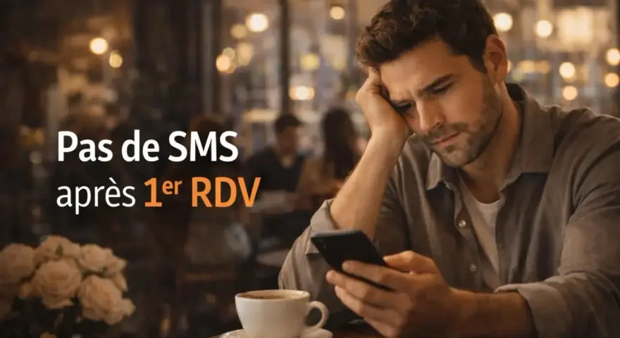 Un homme attend un SMS après son premier rendez-vous, l'air déçu. Qui doit envoyer le premier message ?
