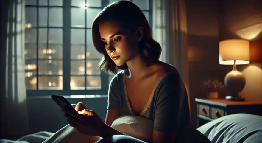Une jeune femme, le cœur lourd, attend une réponse après avoir osé dire je t'aime. La nuit tombe sur la ville, reflétant son attente silencieuse.