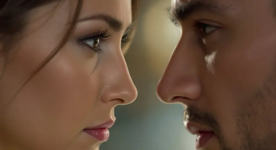 Un homme et une femme se regardent intensément, leurs visages très proches. Il regarde ma bouche, signification d'un désir naissant.