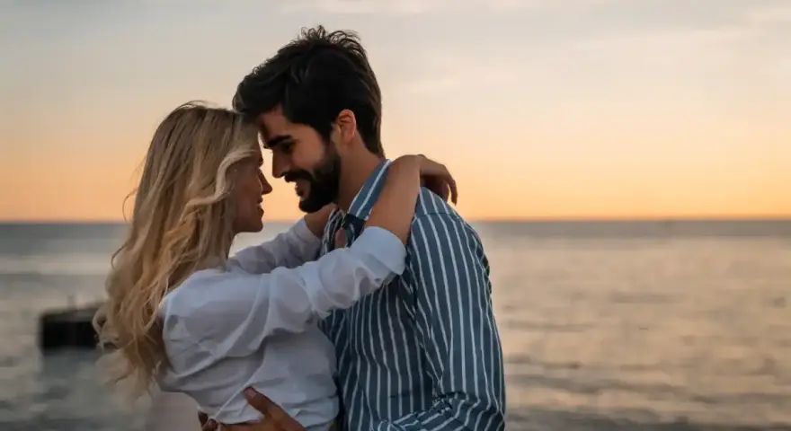 Un couple s'embrasse tendrement au coucher du soleil sur une jetée. Un moment intime pour comment prouver son amour.