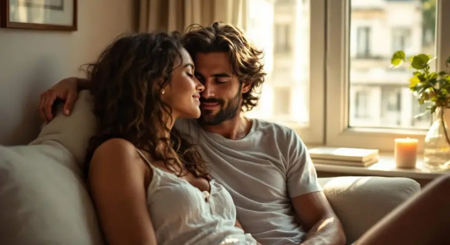 Un couple intime, la lumière douce caresse leurs visages, une scène évoquant la complicité et la libido.