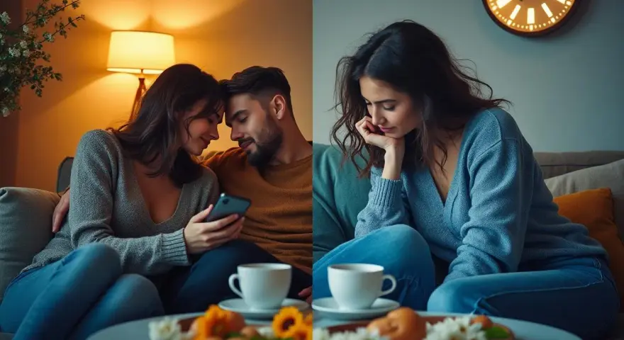 Un couple complice sur son téléphone, le **libido augmente**. À côté, une femme pensive, le regard perdu, une tasse de café à portée de main.
