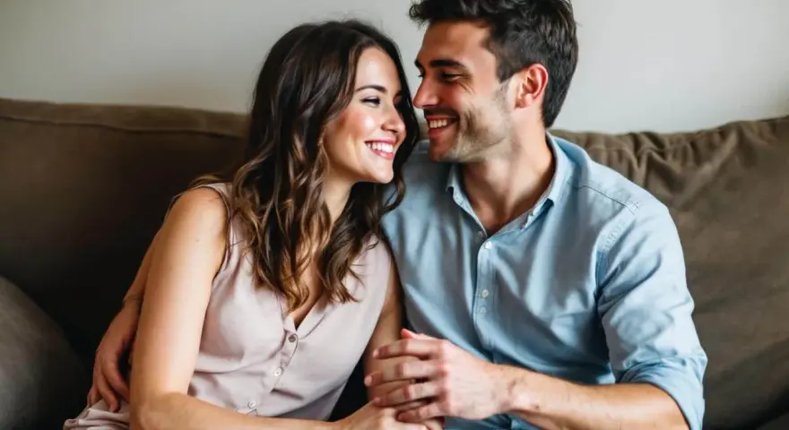 Un couple complice se regarde avec tendresse. Le toucher du bras de quelqu'un ici signifie une connexion profonde et un amour partagé.