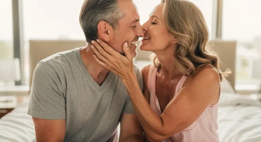 Un couple s'embrasse tendrement, un moment intime qui éveille le désir. Comment avoir envie de faire l'amour ? La connexion et la complicité.