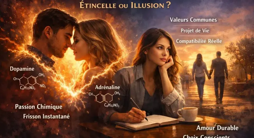 Une personne intense, au regard pensif, médite sur l'attirance magnétique, entre passion chimique et amour durable.