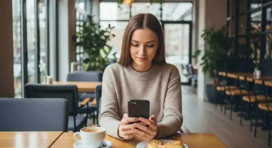 Une jeune femme consulte son téléphone dans un café, se demandant combien de temps attendre après un premier rendez-vous.