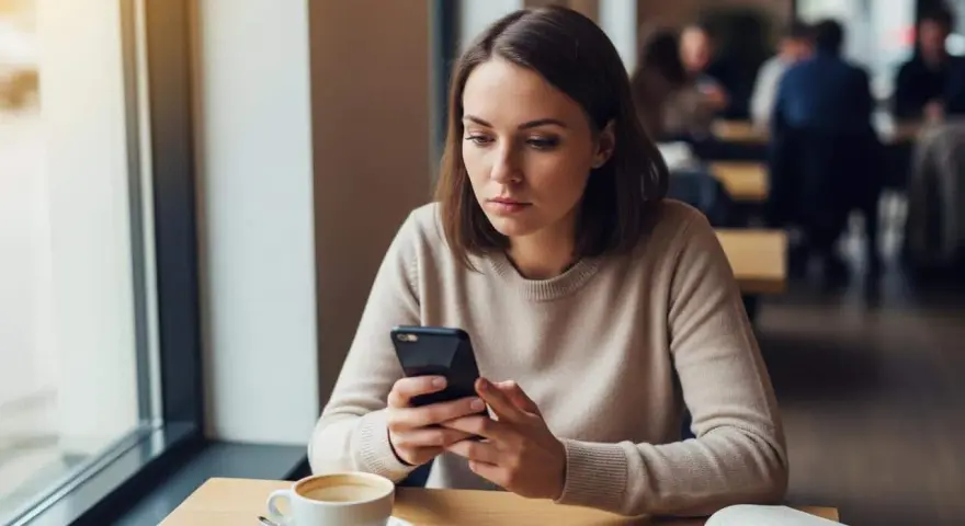 Femme pensive au café, son téléphone à la main. Elle se demande comment savoir si un homme voit plusieurs femmes, cherchant des indices dans ses messages.