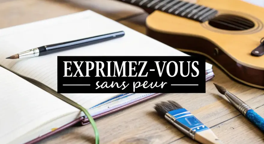 Un carnet, un crayon, des pinceaux et une guitare. Comme si je lui ai dit je t'aime, j'exprime ma créativité sans peur.
