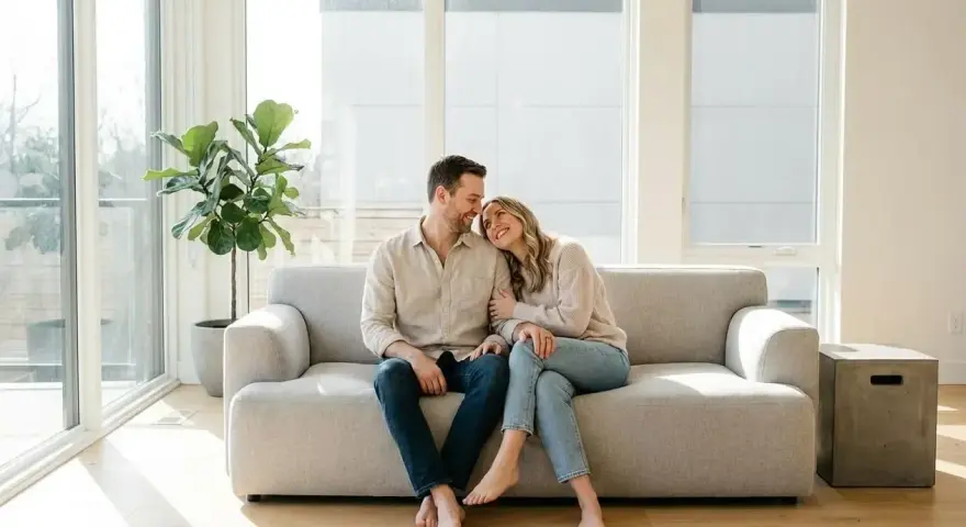 Couple complice sur un canapé, profitant d'un moment de tendresse. Le manque d'intimité dans le couple est ici absent, remplacé par une connexion palpable.