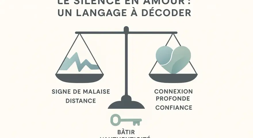 Balance symbolisant le silence en amour : d'un côté, le malaise et la distance ; de l'autre, connexion et confiance. La clé pour bâtir l'authenticité.
