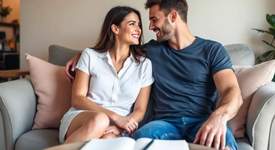 Un couple complice se regarde tendrement sur un canapé, un livre ouvert devant eux. Leurs sourires et regards complices semblent faire monter le désir.