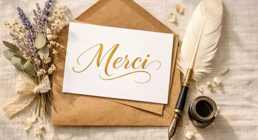 Une carte "Merci" dorée, une plume d'oie, un encrier et un bouquet de lavande sur une enveloppe. Merci pour ta présence dans ma vie.