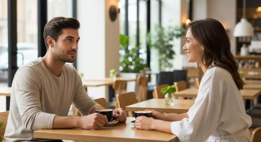 Un couple partage un café, il parle de moi à son entourage, souriant et complice dans un café lumineux.