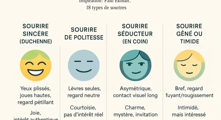 Quatre types de sourires illustrés : sincère, de politesse, séducteur et gêné. Le sourire sincère montre une personne intéressée et joyeuse.