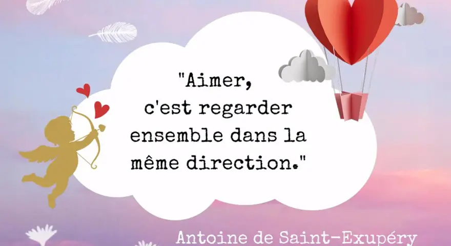 Un ange d'or tire une flèche, entouré de cœurs et de plumes. Une phrase qui touche un homme : "Aimer, c'est regarder ensemble dans la même direction.