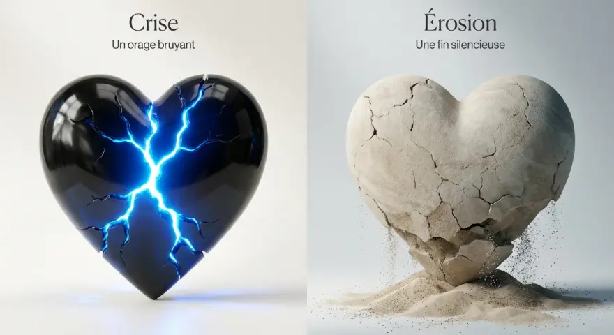 Cœur noir fissuré par des éclairs bleus et cœur en pierre s'effritant en sable. Deux dangers en amour, une crise éclatante et une érosion silencieuse, c'est perdre son temps en amour.