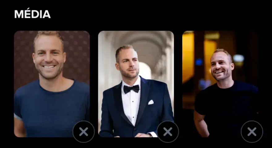 Profil d'un homme souriant, en tenue décontractée, en costume, et en t-shirt noir. Un tinder homme prêt à matcher.