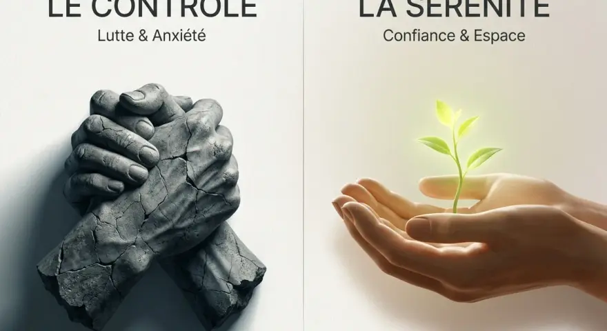 Deux mains en pierre brisée symbolisent le contrôle et l'anxiété. À côté, des mains douces protègent une jeune pousse lumineuse, invitant à apprendre à aimer la sérénité.