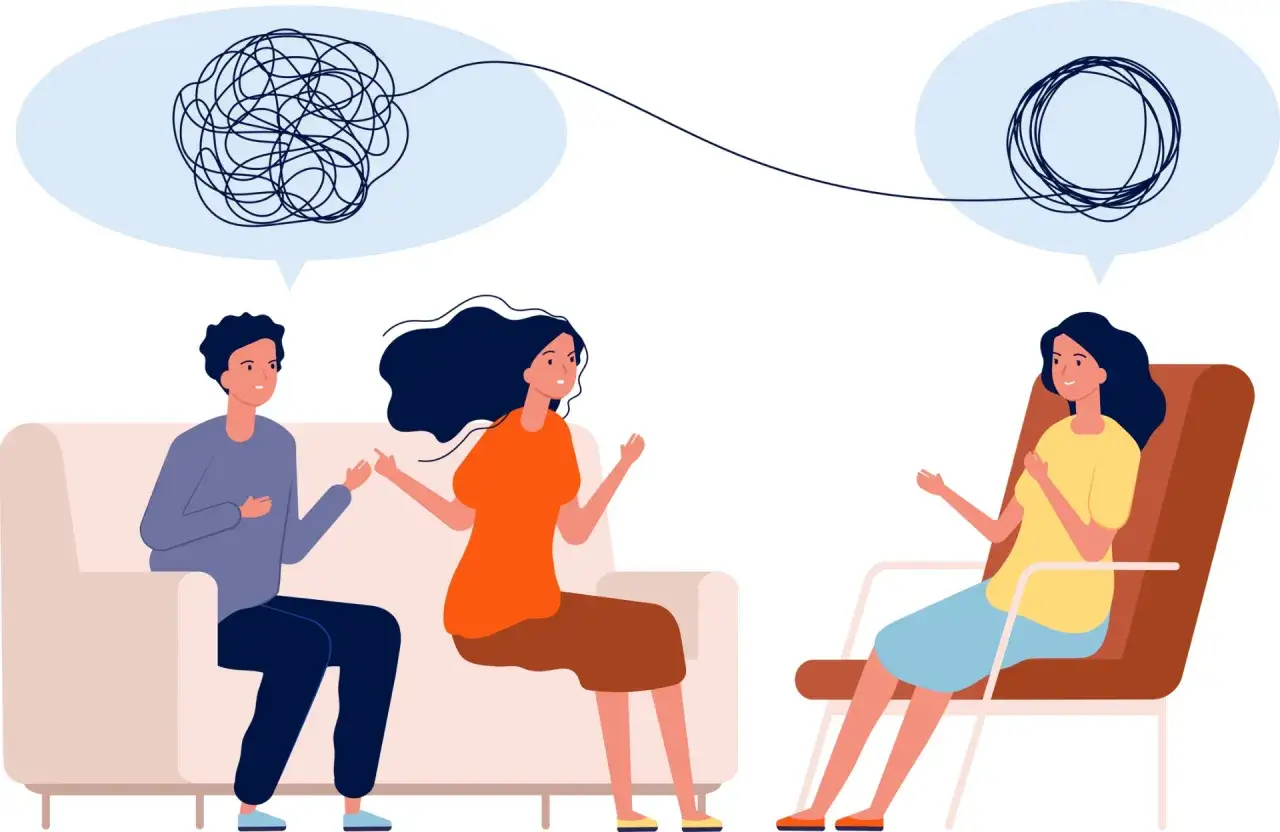 Un couple en th&eacute;rapie, leurs pens&eacute;es emm&ecirc;l&eacute;es symbolisant leur relation complexe. Le th&eacute;rapeute &eacute;coute attentivement.
