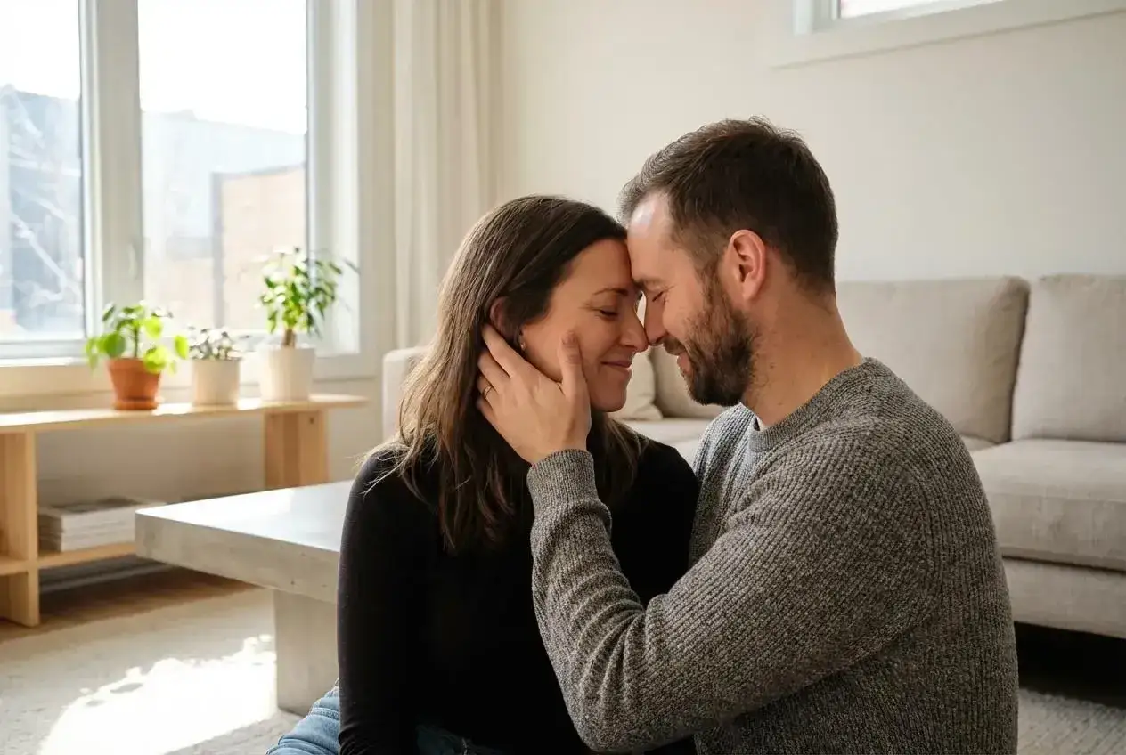Un couple se regarde tendrement, front contre front. Elle murmure