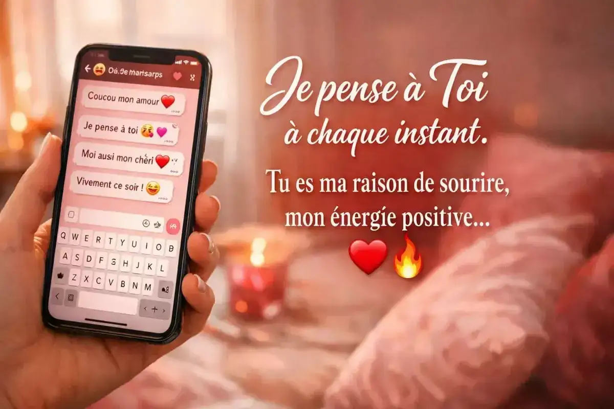 Une main tient un t&eacute;l&eacute;phone affichant des messages d'amour. La personne est en train de r&eacute;pondre &agrave; un message touchant, exprimant ses sentiments.
