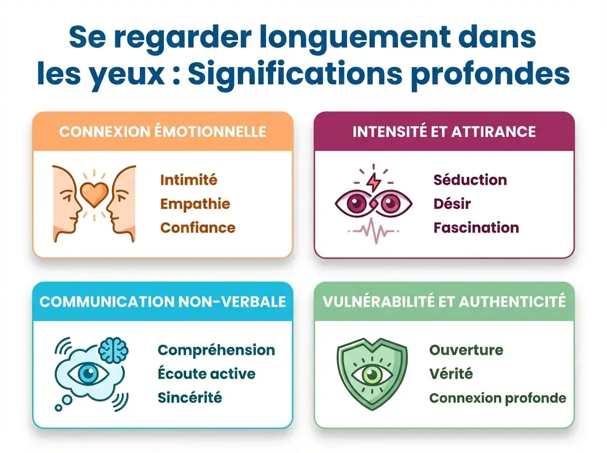 Se regarder dans les yeux : connexion, attirance, communication, vulnérabilité. Parfois, on est attiré par quelqu'un sans savoir pourquoi.