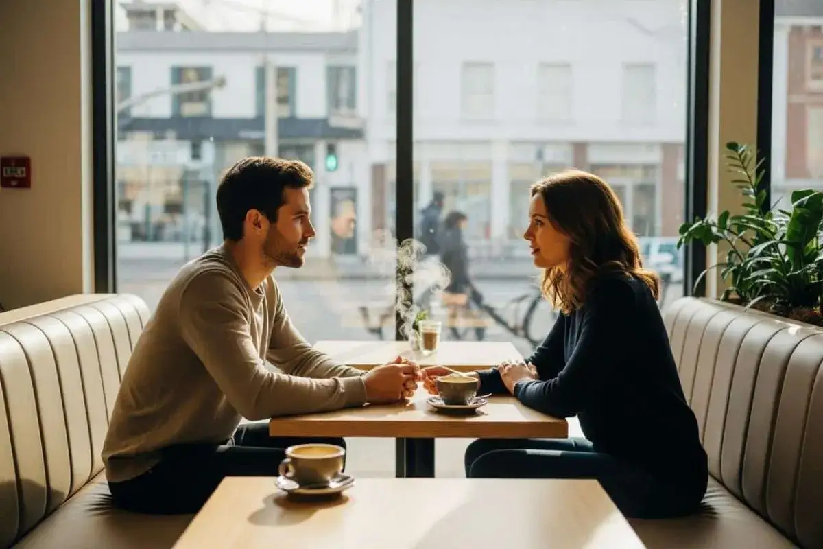Un couple partage un caf&eacute;, leurs mains se touchent, un geste qui peut signifier beaucoup.