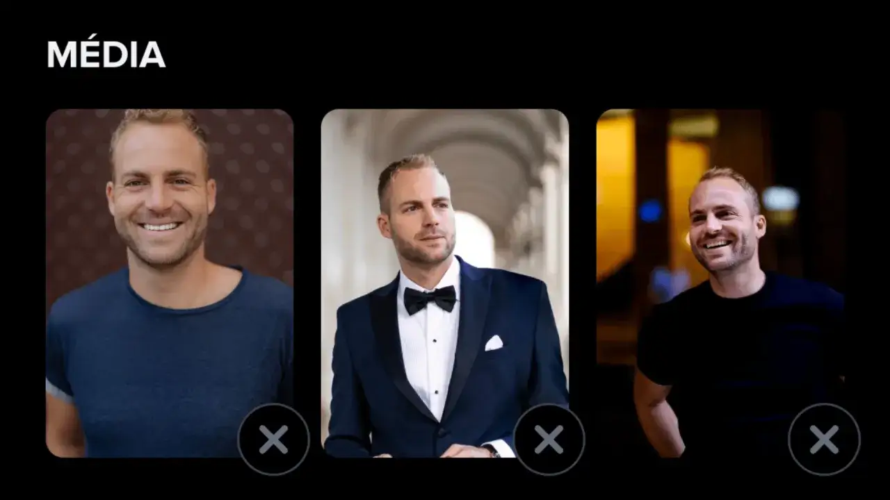 Profil d'un tinder homme souriant, en tenue décontractée, en costume, et en t-shirt noir.