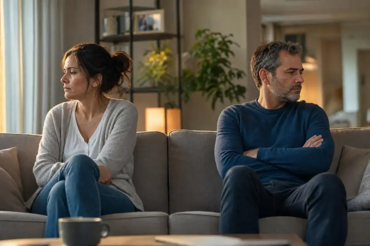 Un couple assis sur un canapé, dos à dos, l'air distant. Elle pense : « tu n'as pas de temps pour moi ».