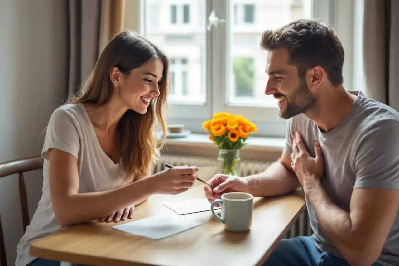 Un couple souriant partage un moment tendre &agrave; table, avec des fleurs jaunes en arri&egrave;re-plan. Merci d'&ecirc;tre entr&eacute; dans ma vie.