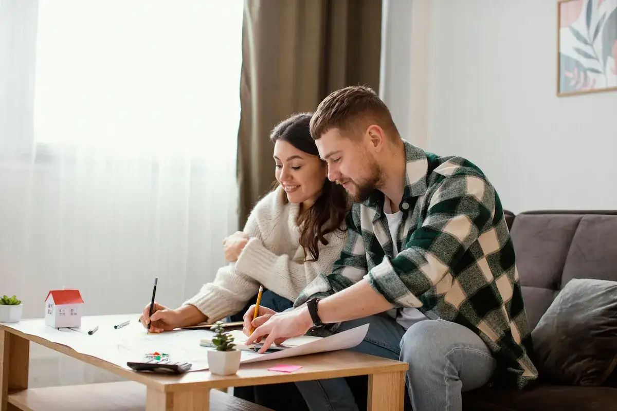 Un couple planifie son avenir, quand la vie de couple devient colocation. Ils étudient des plans sur une table basse, une petite maison en carton à côté.