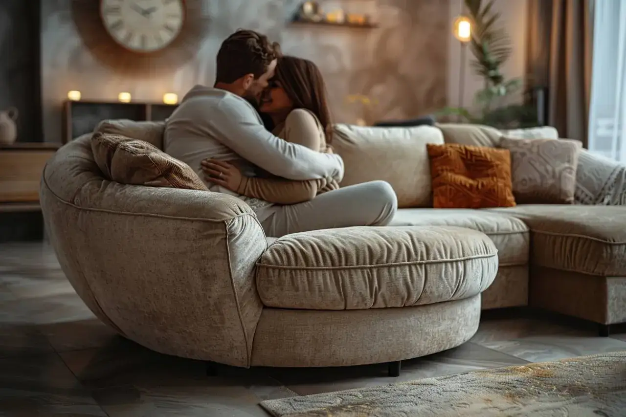 Un couple s'enlacent tendrement sur un canapé confortable, l'intimité et l'envie de lui se lisent sur leurs visages.