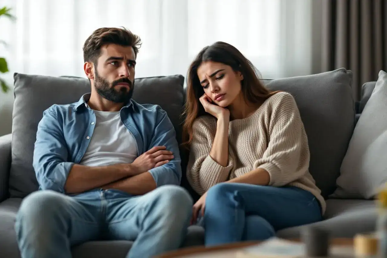 Un couple assis sur un canap&eacute;, l'air distant. Elle a la t&ecirc;te appuy&eacute;e sur la main, l'air triste. Il regarde ailleurs, bras crois&eacute;s. Une sc&egrave;ne o&ugrave; l'on a envie de dire je t'aime et ne pas avoir de r&eacute;ponse.