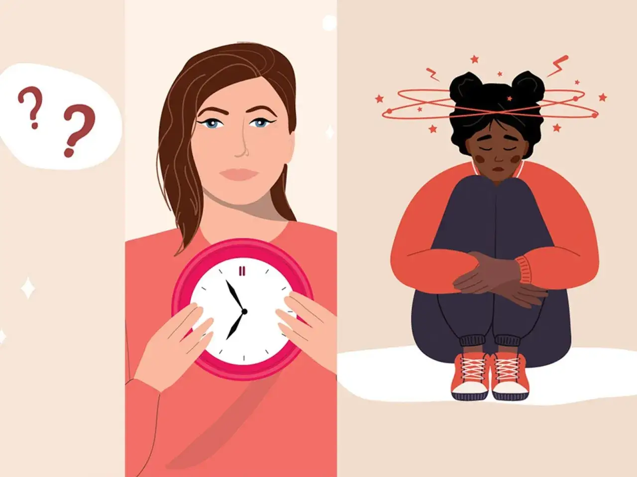 Femme perplexe tenant une horloge, symbolisant les questions sur la libido et la m&eacute;nopause. &Agrave; c&ocirc;t&eacute;, une autre femme accabl&eacute;e par le stress.