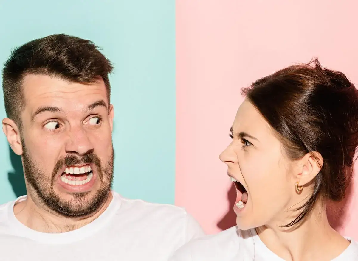 Un homme et une femme se crient dessus, visages d&eacute;form&eacute;s par la col&egrave;re. Je l'aime mais je ne le supporte plus, semble-t-il.
