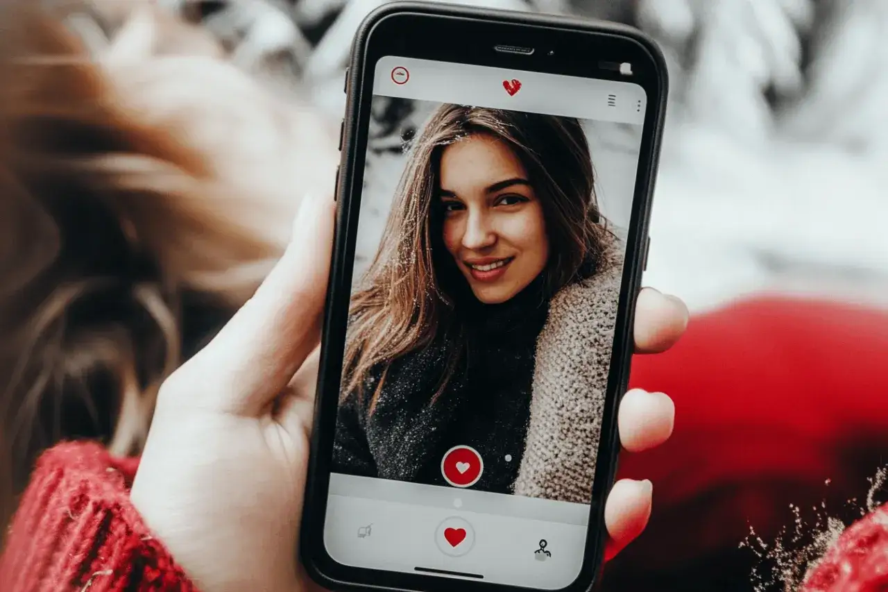 Une main tient un smartphone affichant une jeune femme souriante sur une appli de rencontre. Le c&oelig;ur rouge symbolise l'int&eacute;r&ecirc;t.