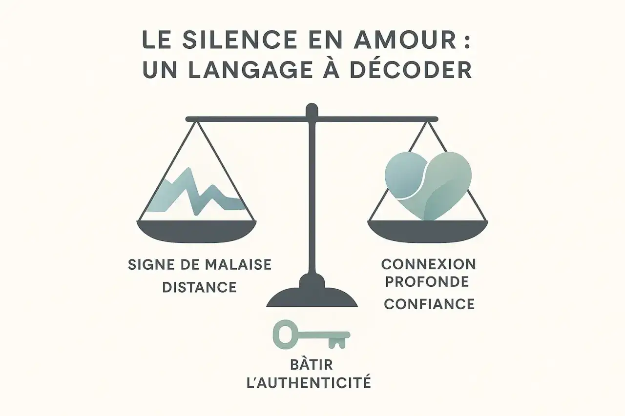 Une balance symbolise le silence en amour. D'un côté, un graphique en dents de scie représente le malaise et la distance. De l'autre, un cœur symbolise la connexion et la confiance. La clé