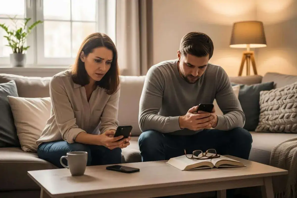 Un couple assis sur un canapé, chacun absorbé par son téléphone. L'inquiétude sur le visage de la femme pourrait être un des signes qu'il parle à une autre.