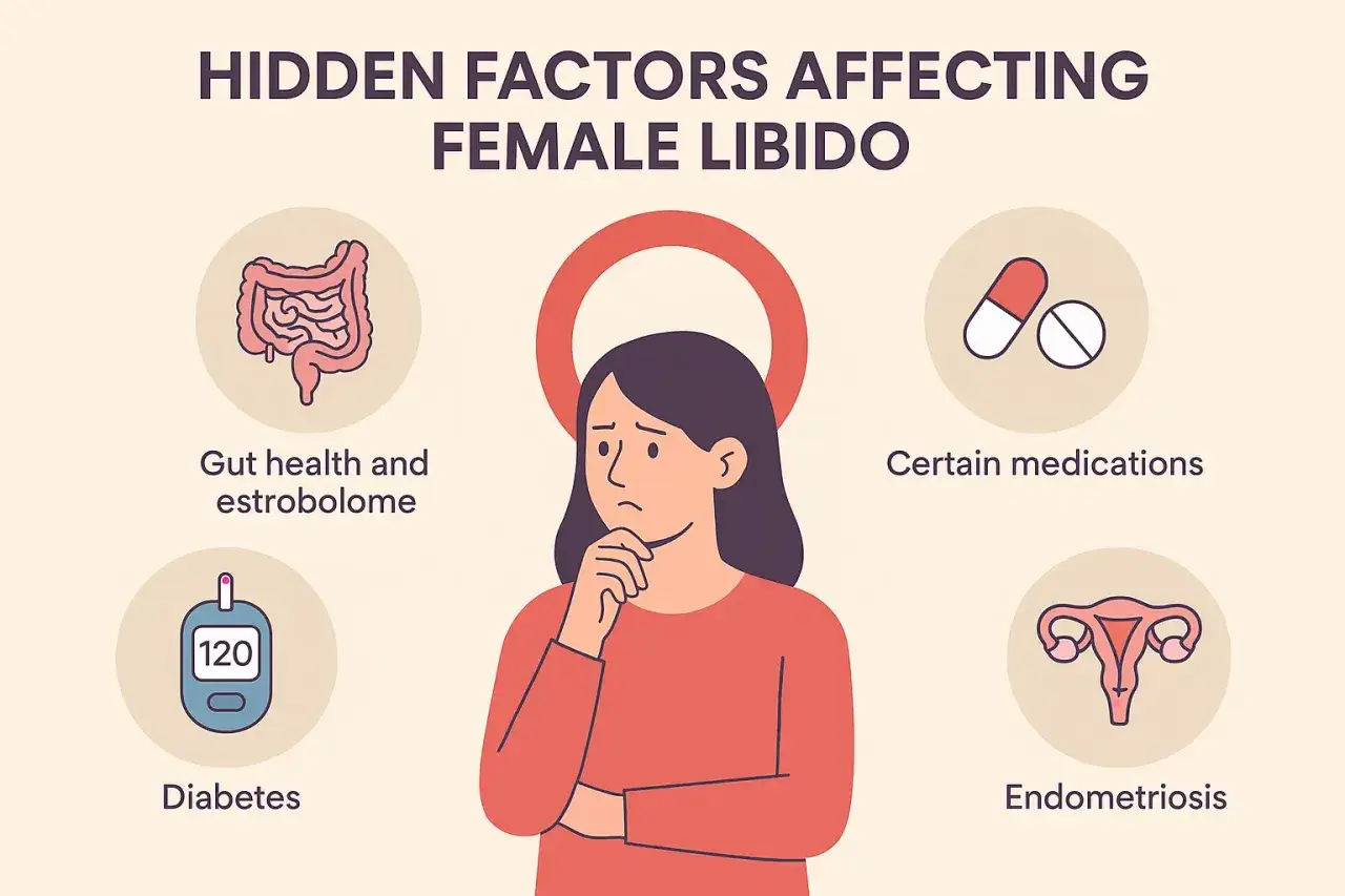 Illustration des facteurs cachés affectant la libido féminine : santé intestinale, diabète, médicaments, endométriose. Ces éléments peuvent contribuer à l'absence de désir chez la femme.