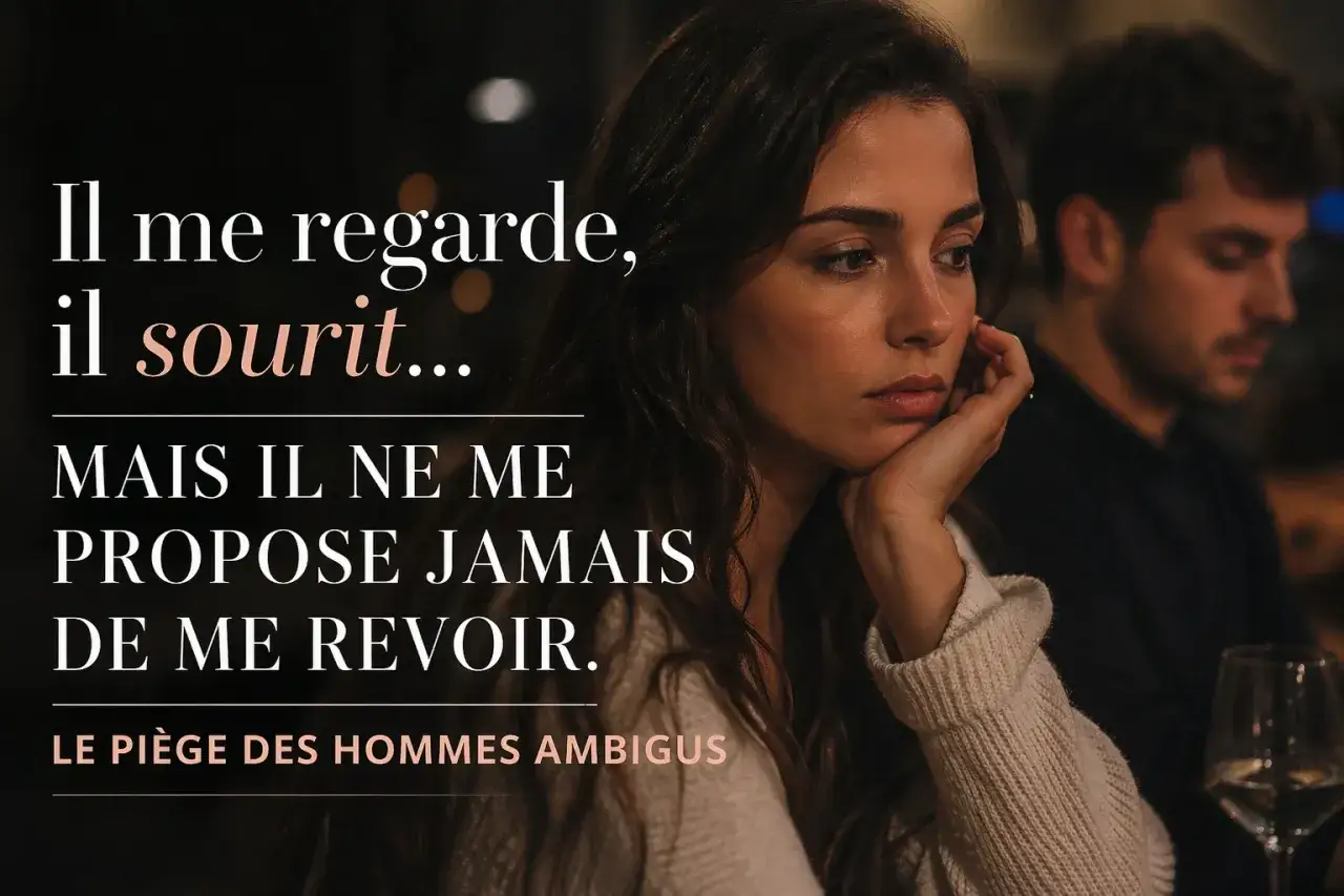 Une femme songeuse, un homme en arri&egrave;re-plan. Le texte interroge : comment savoir si un homme voit plusieurs femmes quand il sourit mais ne propose jamais de se revoir ?