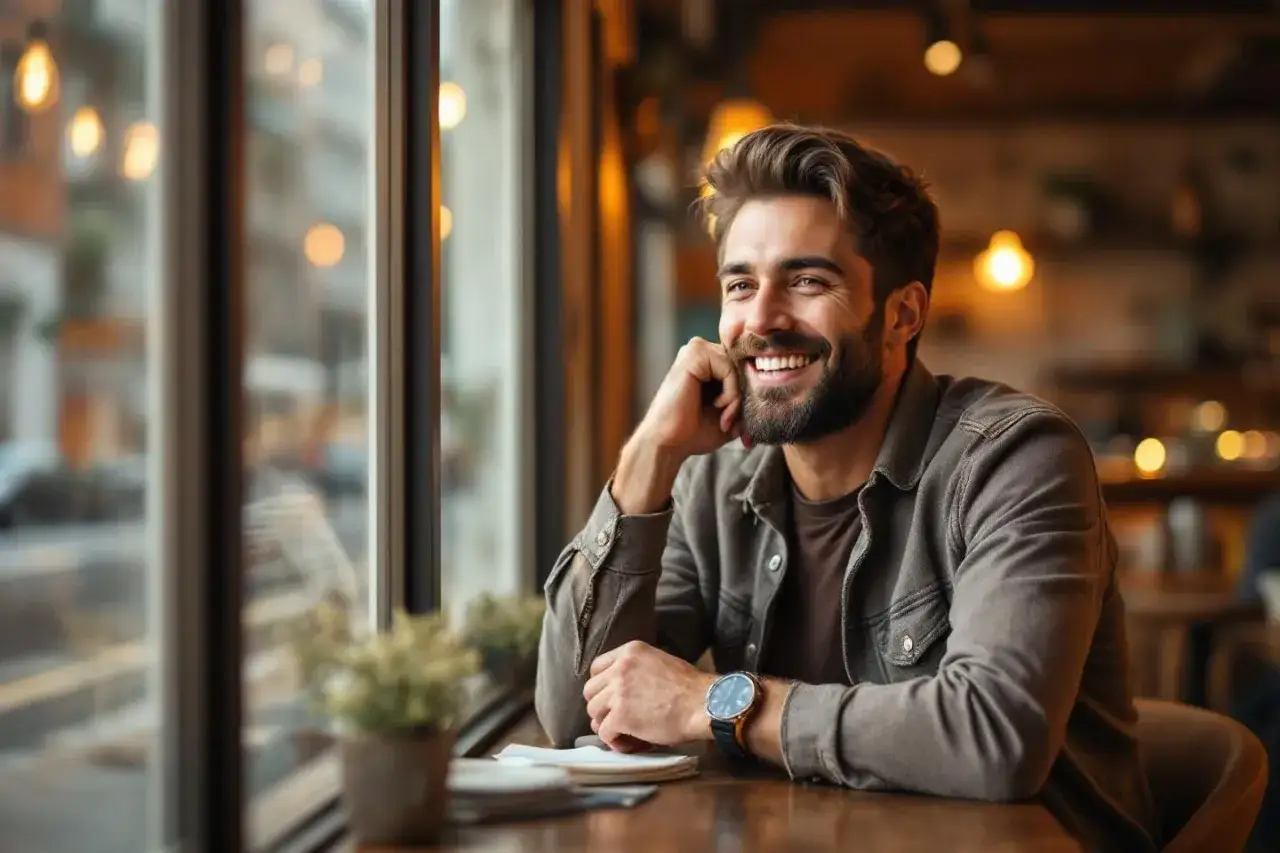 Un homme souriant, assis &agrave; une table pr&egrave;s d'une fen&ecirc;tre, semble r&eacute;fl&eacute;chir &agrave; comment chauffer un mec. Son regard est tourn&eacute; vers l'ext&eacute;rieur, une lueur d'amusement dans les yeux.