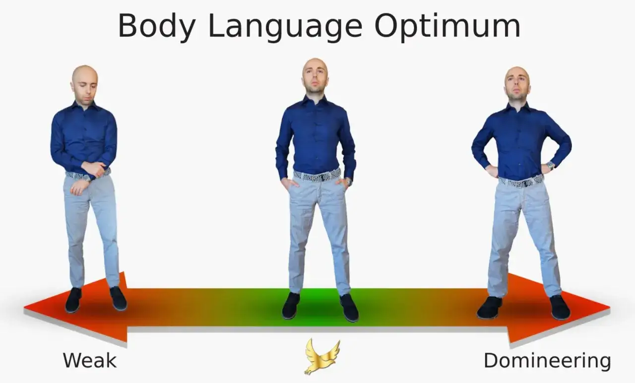 Trois postures d'un homme illustrant la psychologie masculine : affaiss&eacute; (faible), neutre, et confiant (dominant).