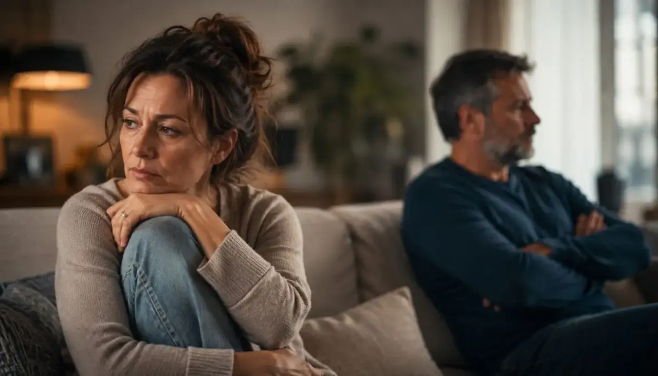 Une femme seule sur un canapé, le regard perdu, tandis qu'un homme lui tourne le dos. L'image évoque le sentiment de se sentir seule en couple.
