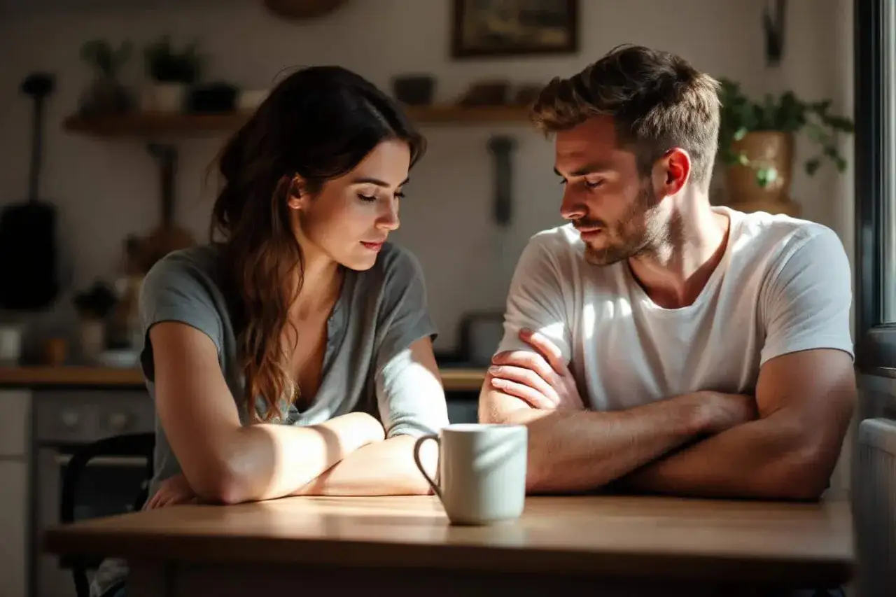 Un couple assis à table, le regard baissé, une tasse entre eux. L'ambiance suggère un conflit dans le couple, une tension palpable dans le silence.