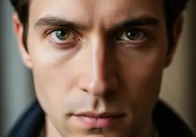 Gros plan sur le visage d'un homme, ses yeux verts fixent intensément, une expression captivante.