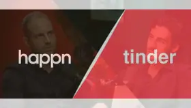 Deux hommes discutent, l'un sous le logo happn, l'autre sous le logo tinder. Lequel choisir pour trouver l'amour ?