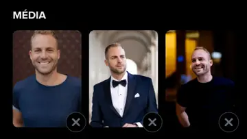 Profil d'un homme souriant, en tenue décontractée, en costume, et en t-shirt noir. Un tinder homme prêt à matcher.