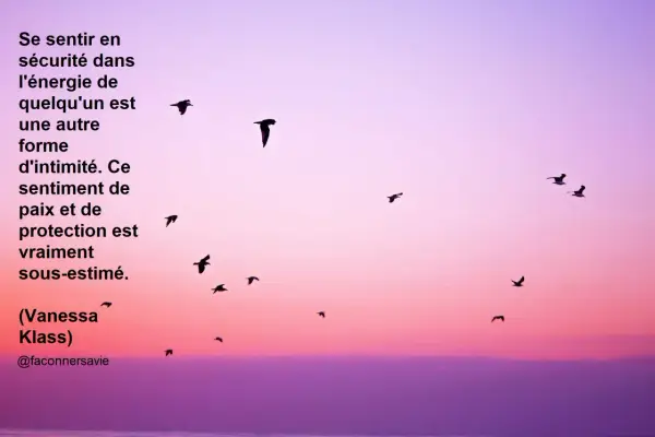 Un pressentiment amoureux flotte dans l'air, comme ces oiseaux silhouette sur un ciel rose et violet. Un sentiment de paix et de protection.