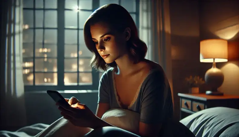 Une jeune femme, le cœur lourd, attend une réponse après avoir osé dire je t'aime. La nuit tombe sur la ville, reflétant son attente silencieuse.